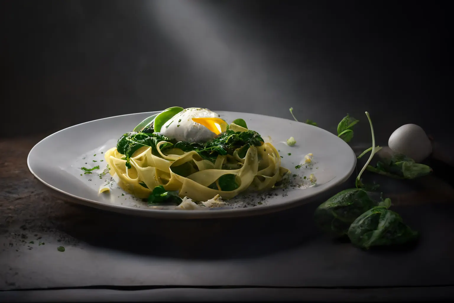 Bärlauchpestopasta mit Spinat und pochiertem Ei