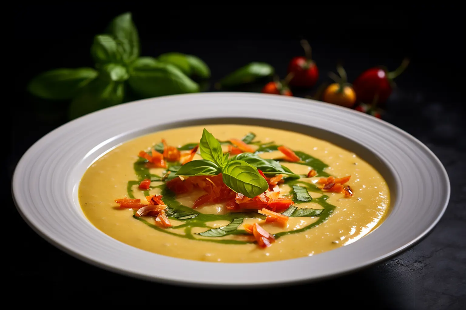 Auberginen-Tomaten-Suppe mit Basilikumcreme