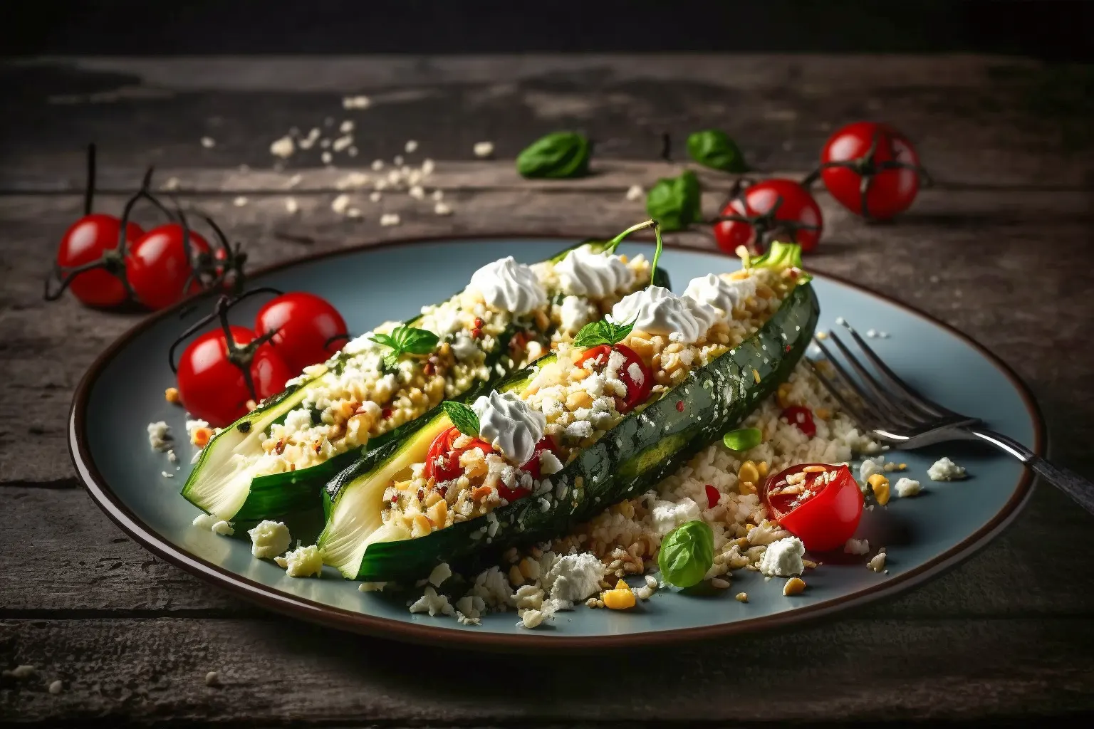 Mit Bulgur und Paprika gefüllte Zucchini