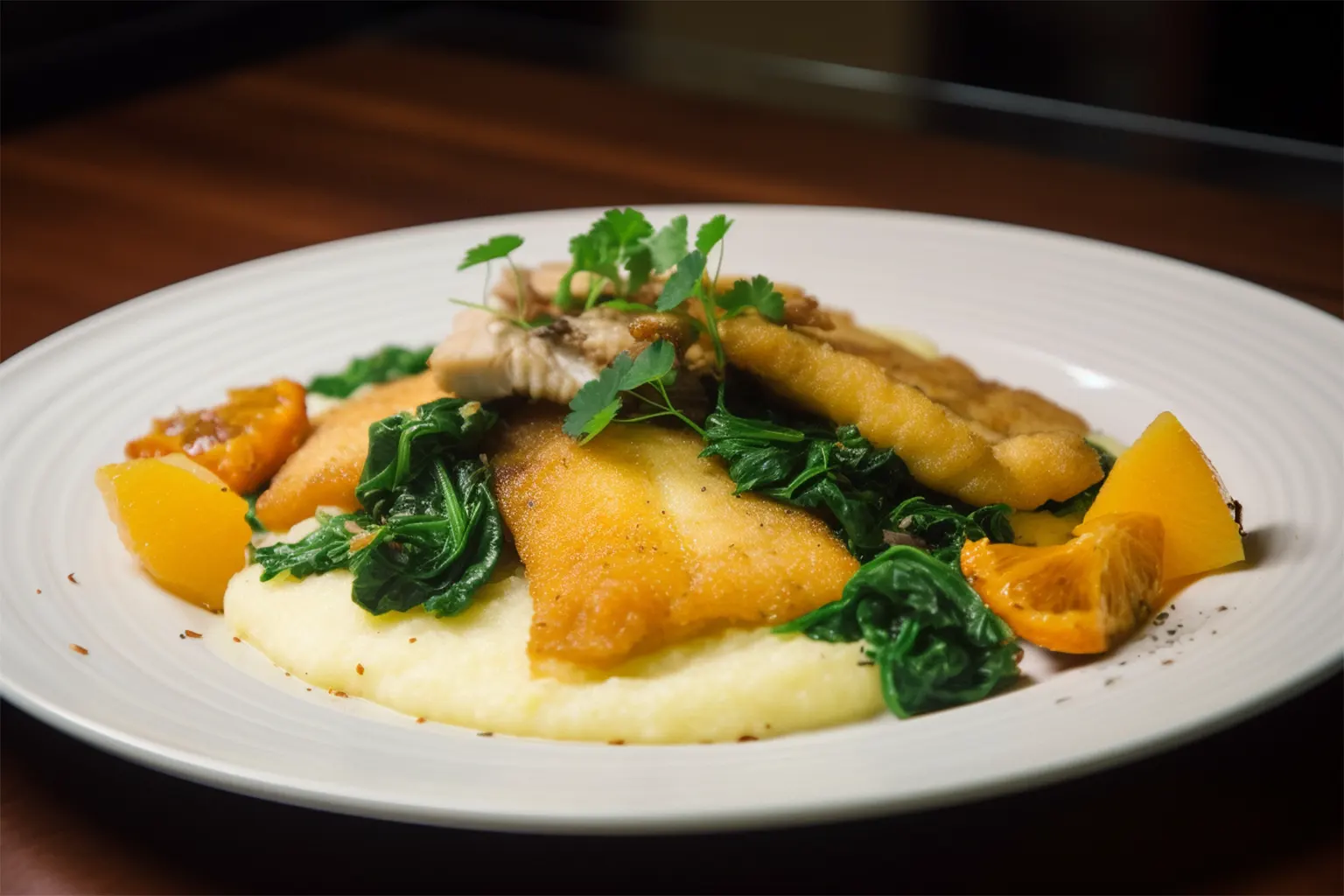 Orangen-Rosmarin-Polenta mit Stielmus und Pangasius