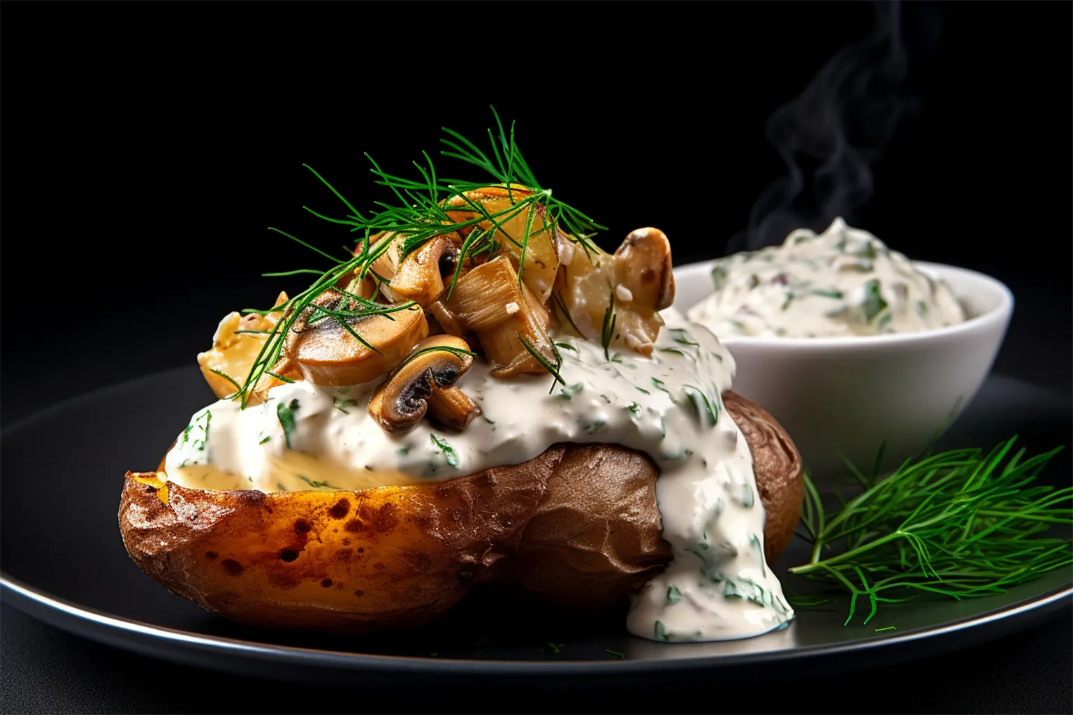 Baked potato with Sour Cream, Herbs and Fried Mixed Mushrooms