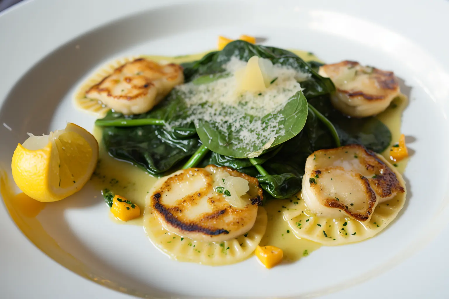 Ricotta-Zitronen-Ravioli mit Jakobsmuscheln und Spinat