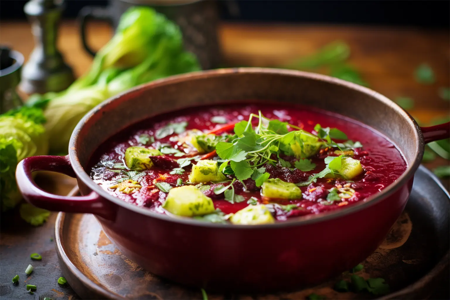 Rote-Bete-Suppe mit Curry-Rosenkohl und Vogelmiere