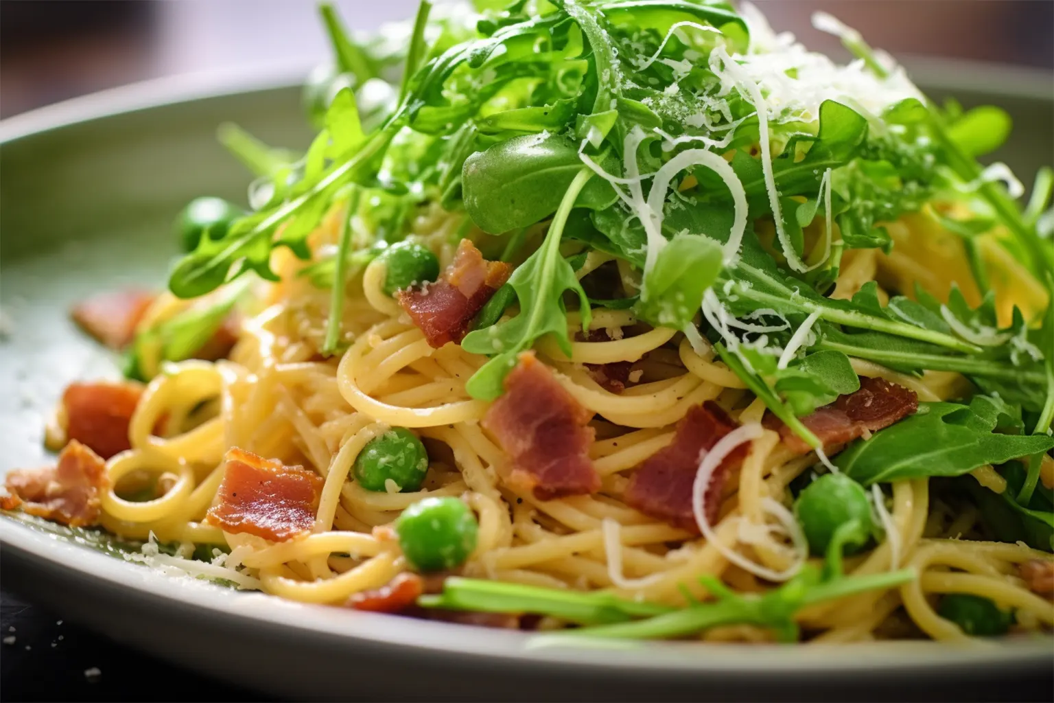 Dinkelspaghetti mit dicken Bohnen und Speck