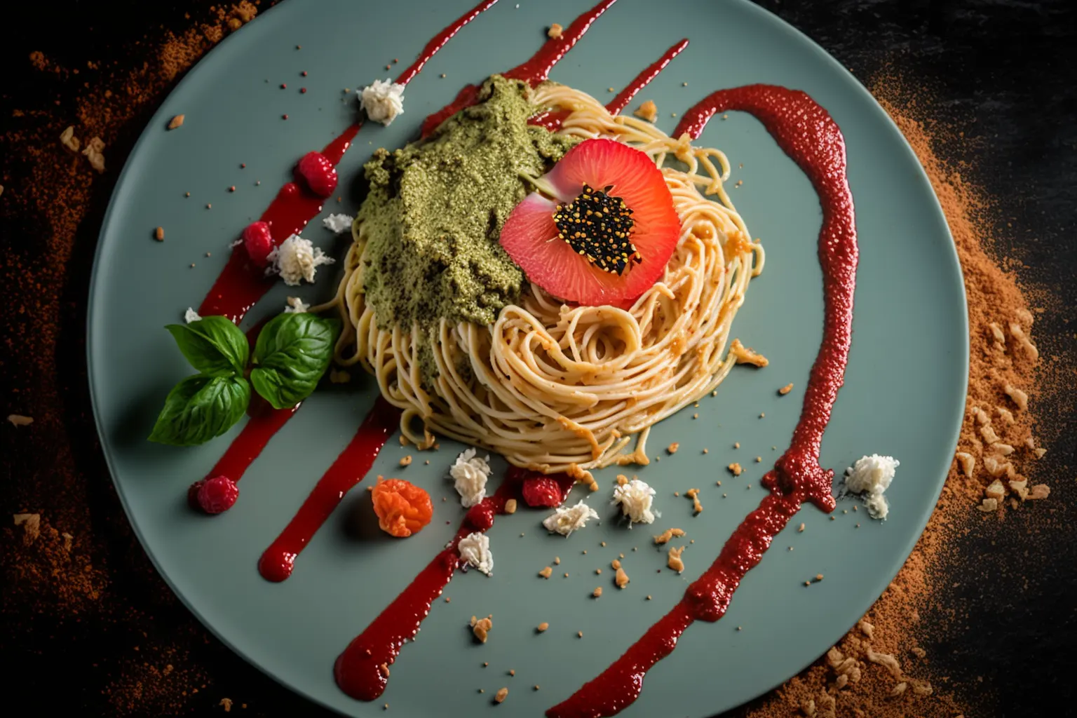 Spaghetti mit Haselnusspesto und Rucola-Minze-Feldsalat