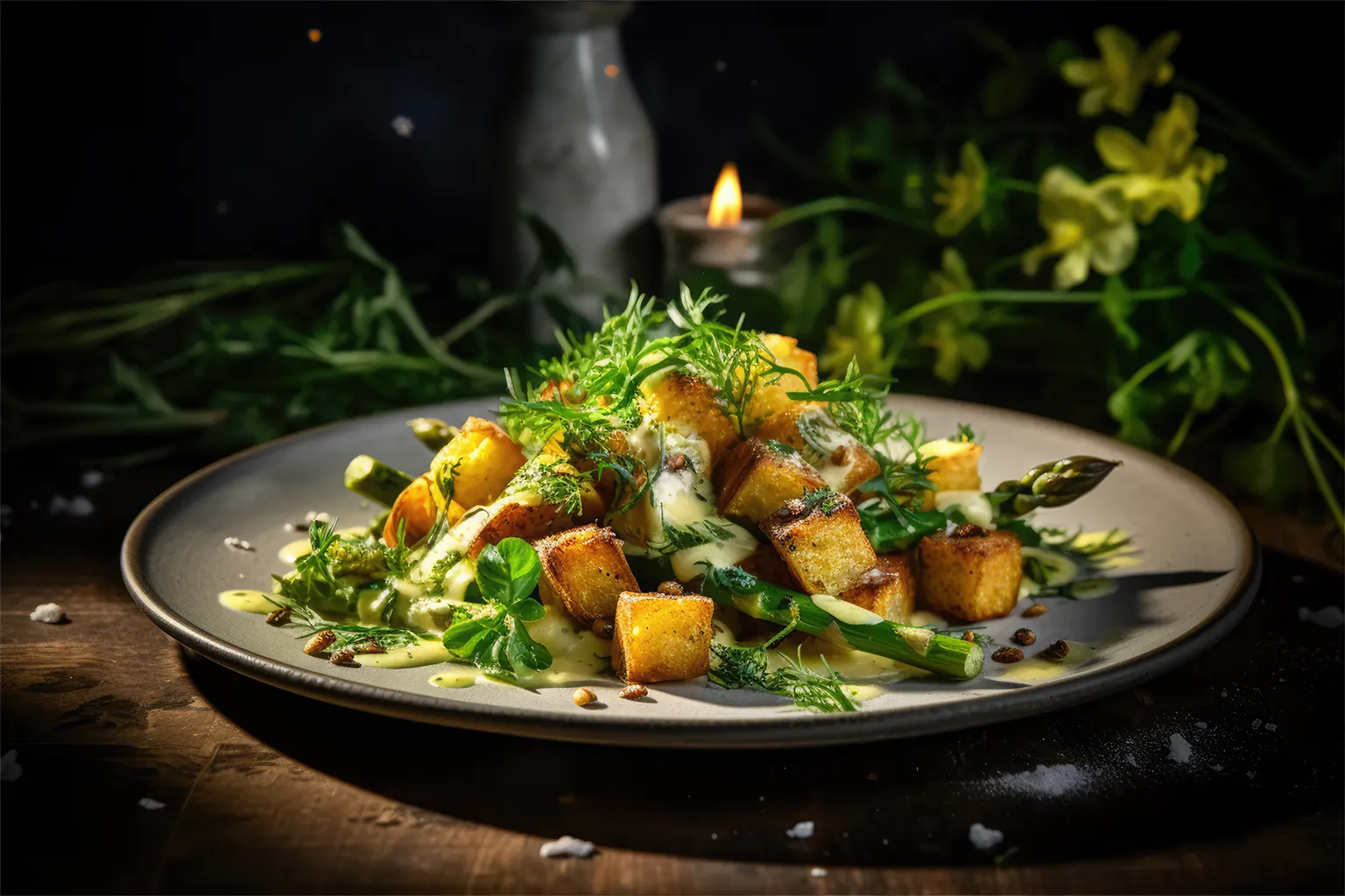 Lauwarmer Spargel-Wildkräuter-Salat mit Mandelcroutons