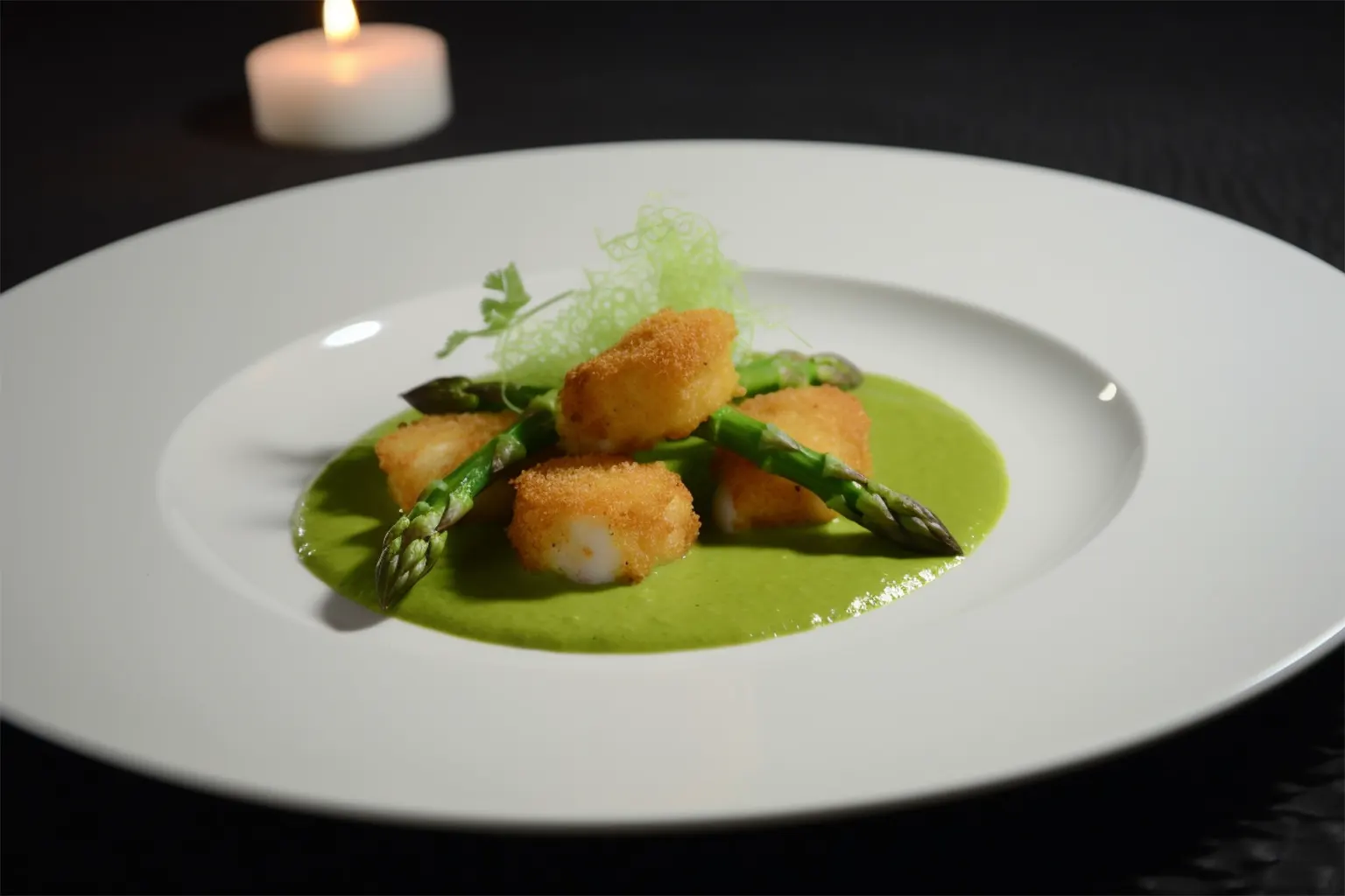 Sesam-Nuggets mit Thaispargel und Korianderpüree